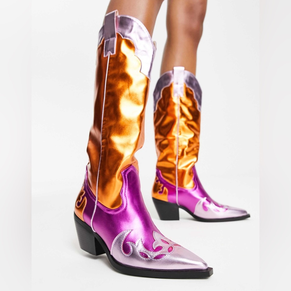 Metallic Purple & Orange Heeled Cowboy Boots - Women's Statement Boot